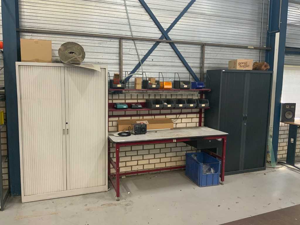 Workbench with 2 workshop cabinets including refrigeration accessories and tools