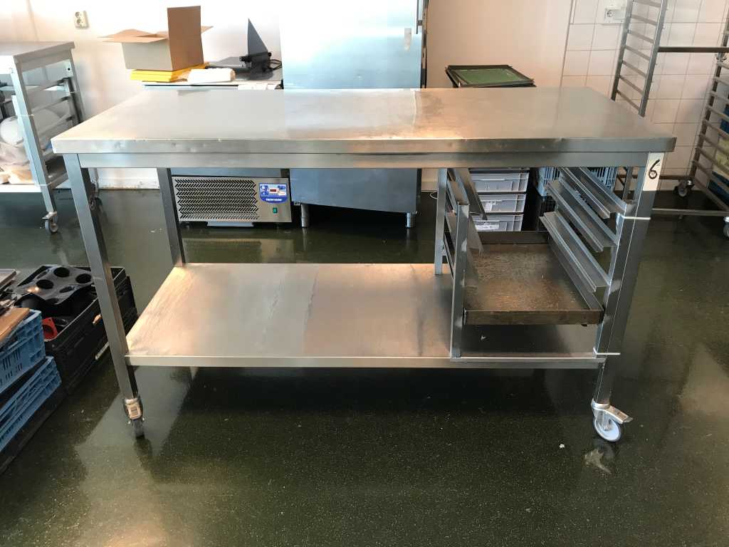 Stainless steel mobile work table including Gastronorm rack