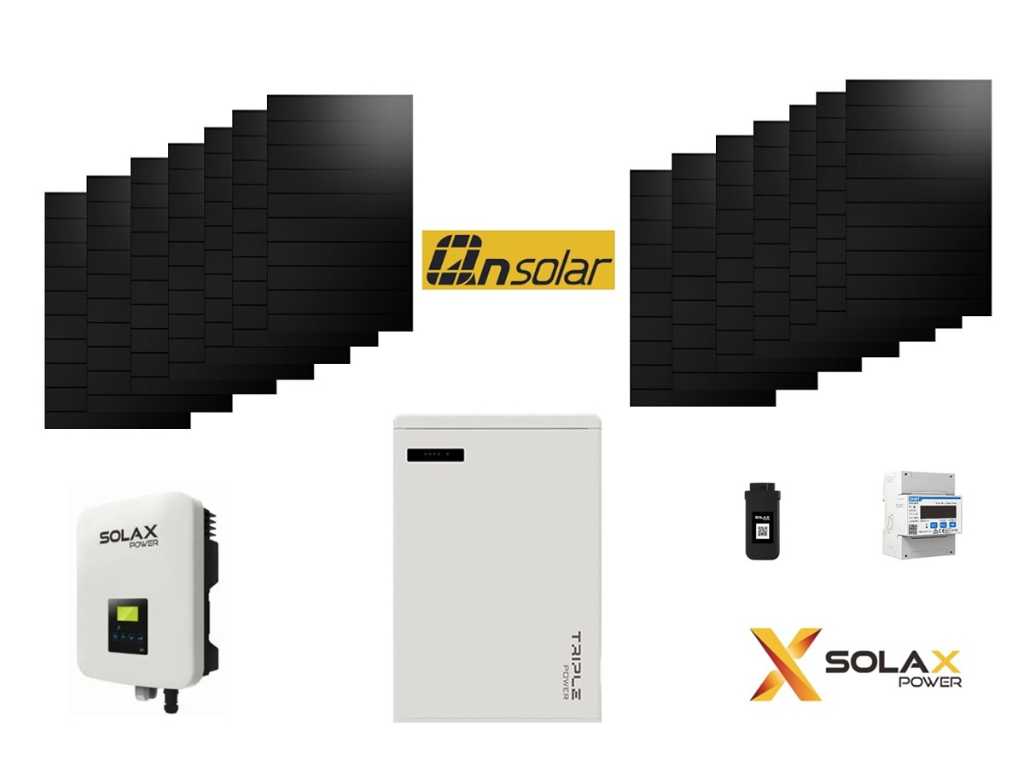 QN - Set of 14 full black solar panels (420 wp) with Solax 5.0k hybrid inverter and Solax 5.8 kWh battery for storage