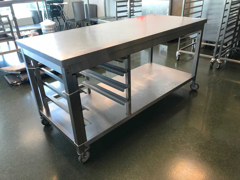 Stainless steel mobile work table including gastronorm rack