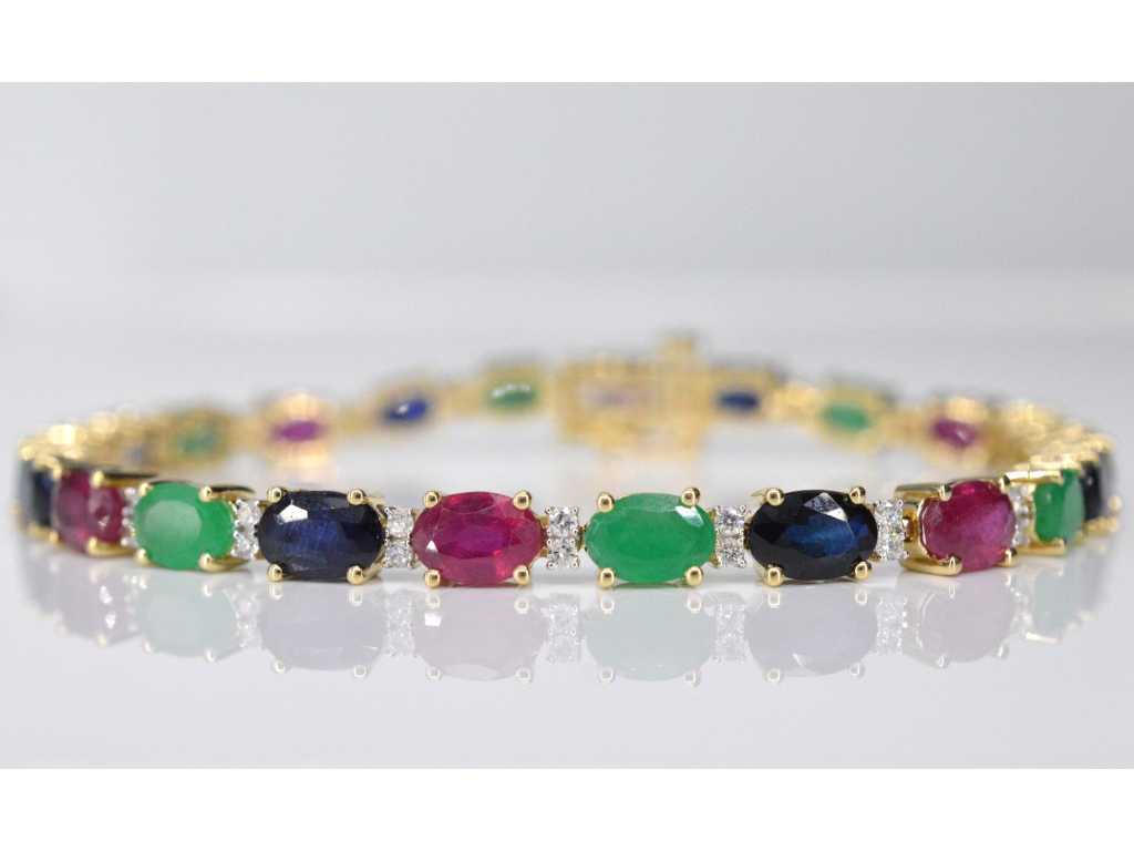 Gold tennis bracelet with diamonds, sapphire, ruby and emerald