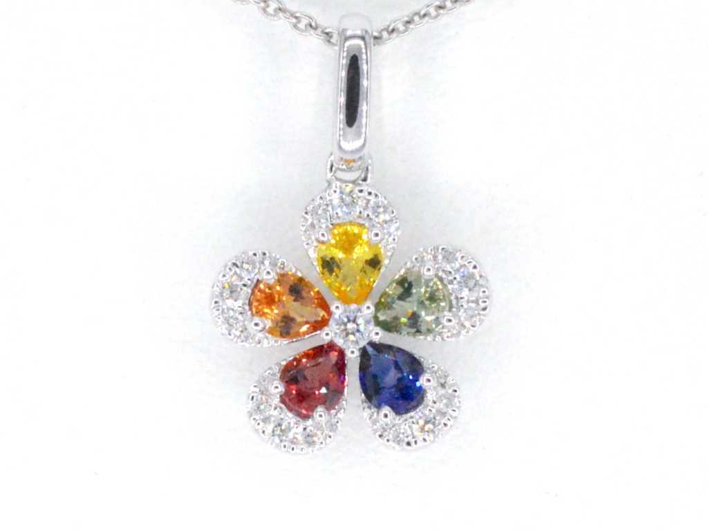 Pendentif en or blanc en forme de fleur avec diamants et saphirs multicolores