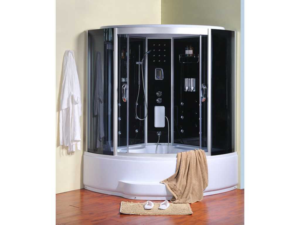 Dampfbad mit Whirlpool-Massagebad - halbrund - weißes Bad mit schwarzer Kabine - 150x150x220 cm