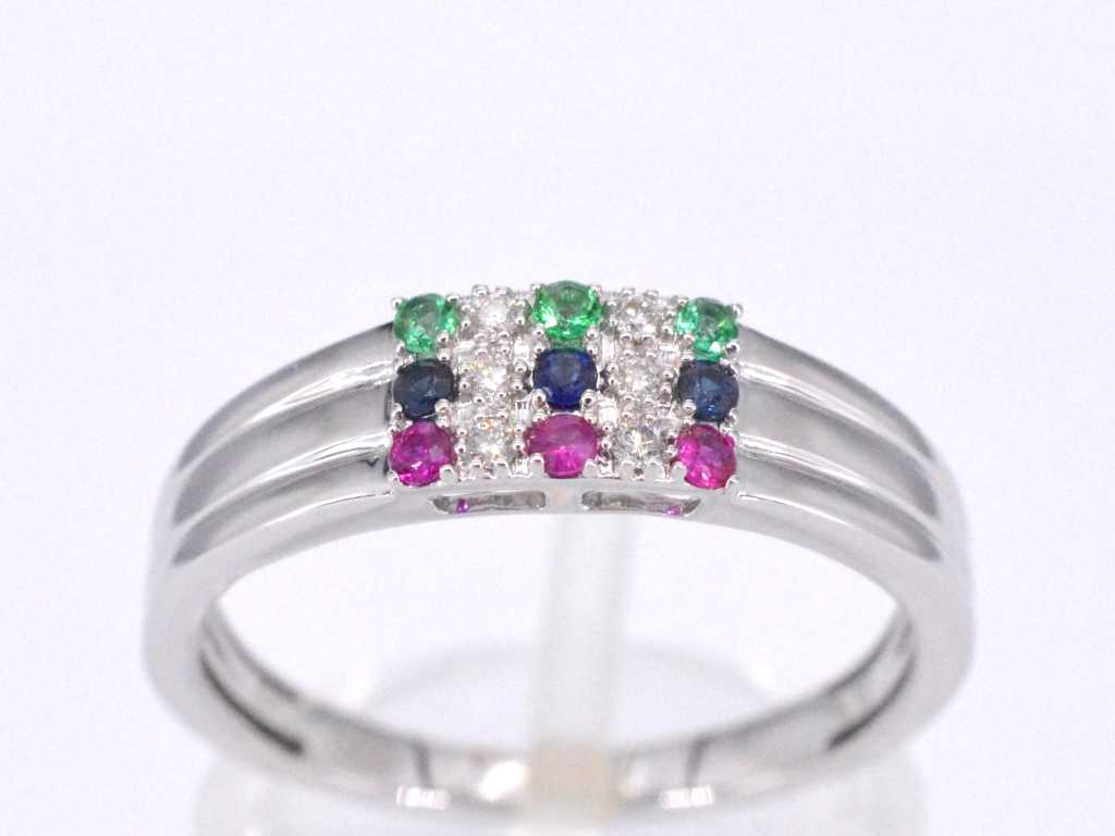 White gold ring with diamond and multicolour gemstones