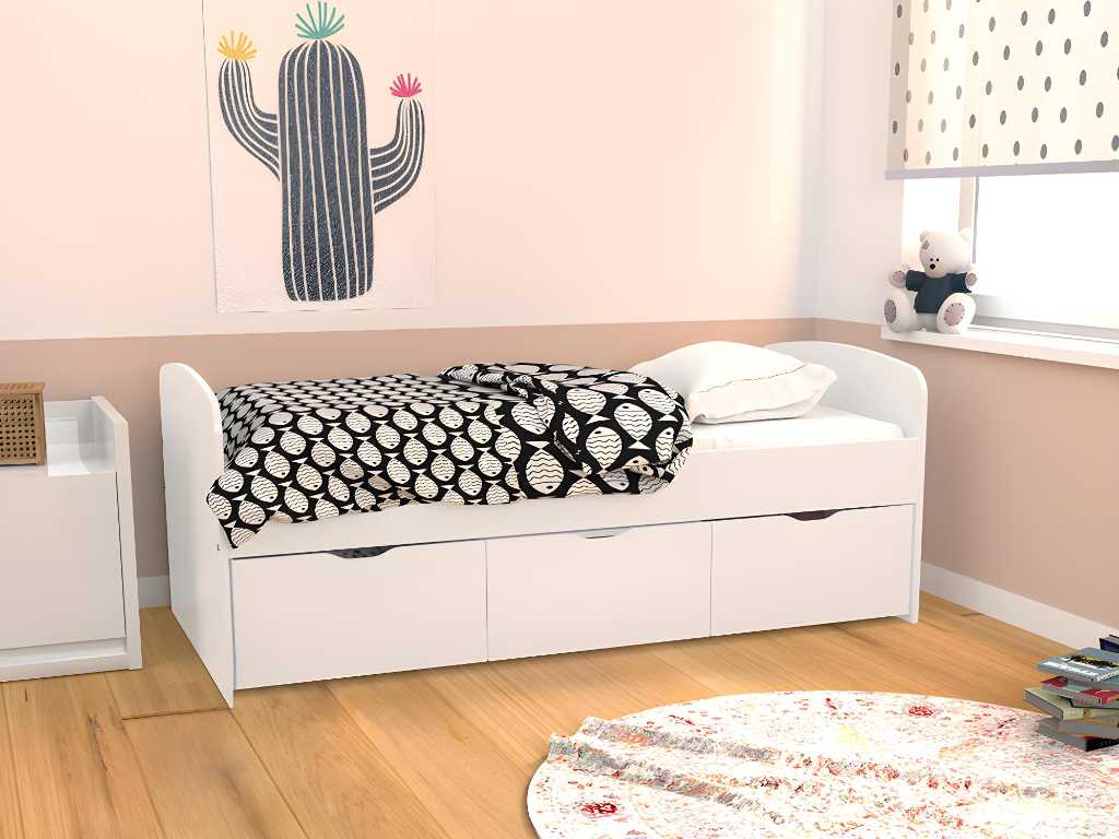 Bed with 2 drawers and 1 storage chest - 90 x 190 cm - White + mattress 90*190
