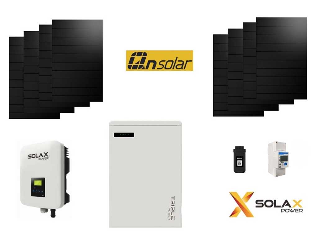 QN - Zestaw 8 paneli słonecznych w kolorze czarnym (420 wp) z inwerterem hybrydowym Solax 3.0k i akumulatorem Solax 5.8 kWh do magazynowania