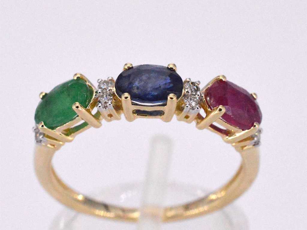 Gouden ring met diamanten en saffier, robijn, smaragd