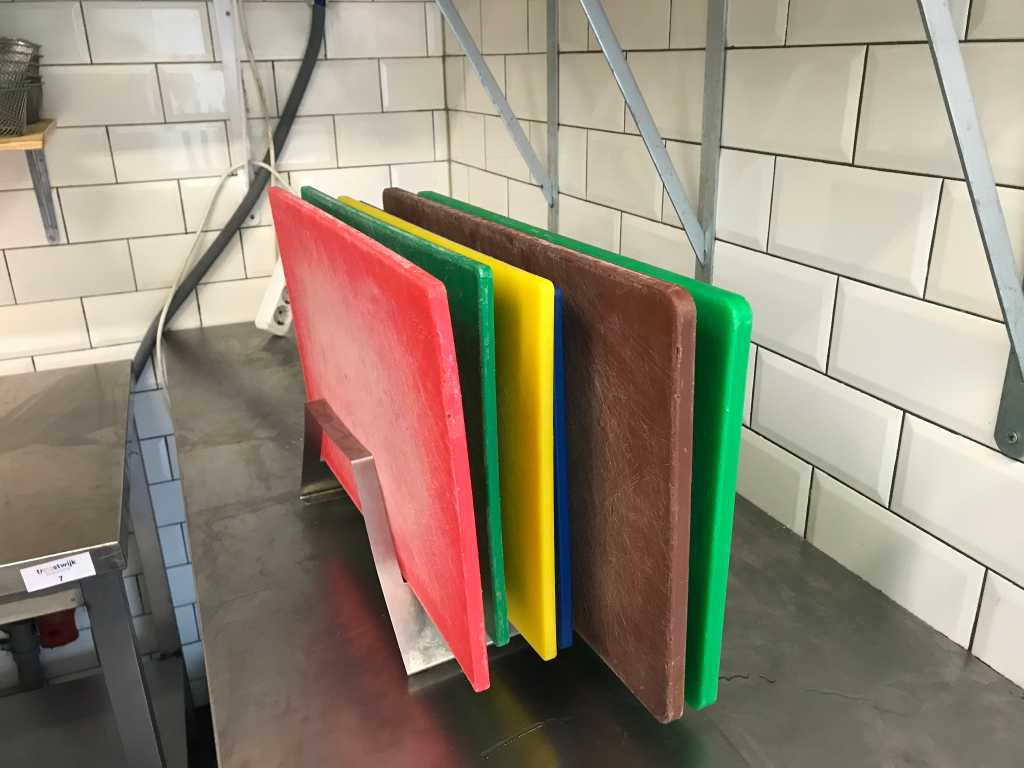 Set of plastic cutting pans including stand