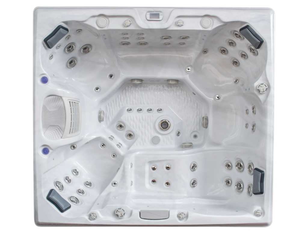 Spa all'aperto per 7 persone 220x240 cm - Vasca da bagno bianca con gonne effetto legno grigio - Incl. Bluetooth