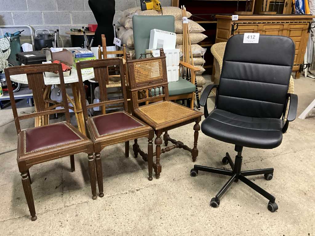 Office chair + 3 assorted wooden side chairs