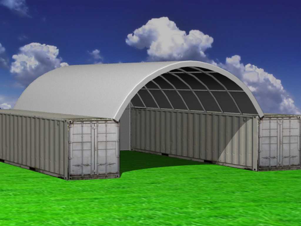 2024 Stahlworks 40ft 12x6 meter met eind zeil Shelter overkapping / tent tussen 2 containers