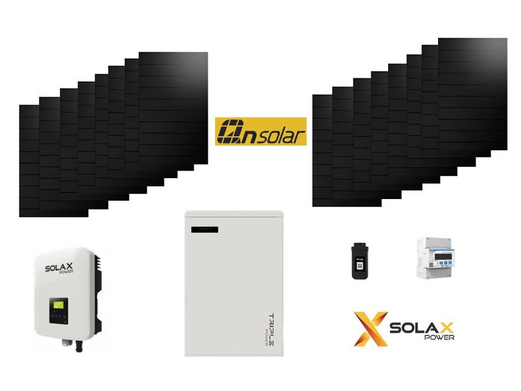 QN - Set van 16 full black zonnepanelen (420 wp) met Solax 6.0k hybride omvormer en Solax 5.8 kWh batterij t.b.v. opslag