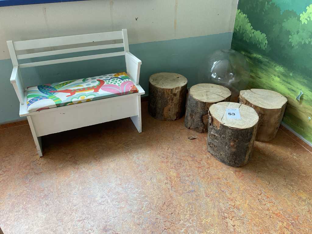 Bench and tree trunk stools